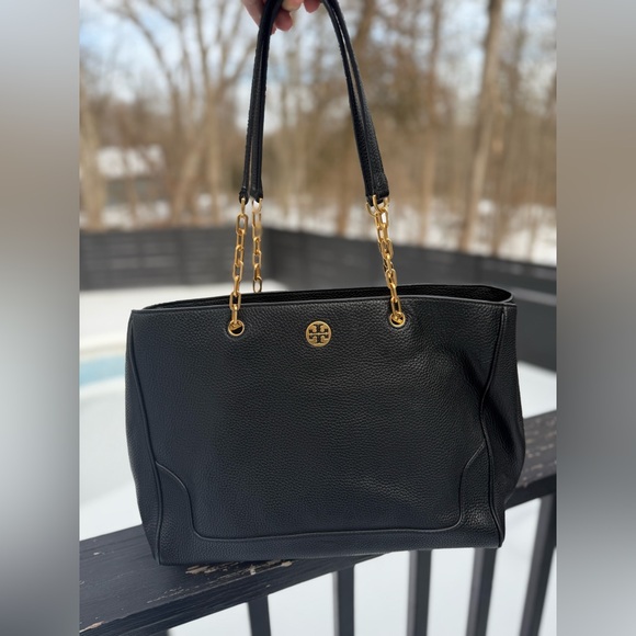 Tory Burch Handbags - Tory Burch Marsden Black Pebbled Leather Tote Gold Chain Shoulder Bag